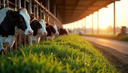 Cows in barn at sunrise with fresh green grass. Farm life, agricultural industry, rural pastoral scene, milking, milk production, cattle farm, agribusiness. Dairy farm animals grazing at the pasture.