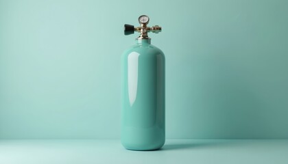 Obraz premium Oxygen cylinder isolated on solid turquoise background. Portable oxygen tank for mobile emphysema, COPD, asthma patients. Medical device for respiratory support. Compressed gas cylinder for treatment.