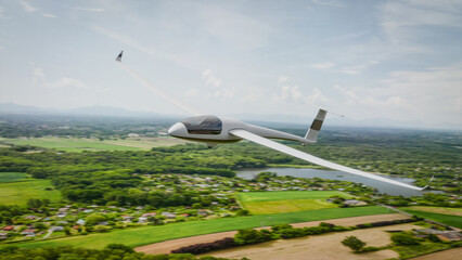 A sleek white glider flying over lush, green landscapes on a clear day, showcasing the freedom and beauty of flight. CGI render
