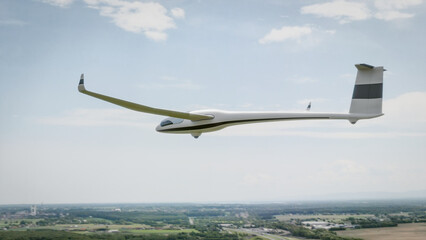 A sleek white glider flying over lush, green landscapes on a clear day, showcasing the freedom and beauty of flight. CGI render