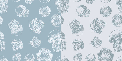 Seamless pattern of sketches jellyfishes underwater, vector hand drawn background, wallpaper, paper