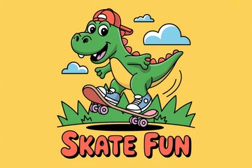 A vibrant cartoon illustration of a friendly green dinosaur riding a skateboard