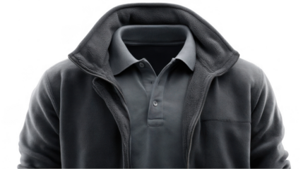 Close up of a grey fleece jacket layered over a fitted grey polo shirt, offering a stylish and practical choice for casual or outdoor wear with a transparent background