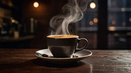 Fototapeta premium A steaming cup of coffee placed on a dark wooden table, with soft steam rising. The background is dark with a subtle bokeh effect. Warm, focused lighting highlights the coffee cup, creating a cozy and