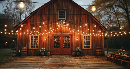A beautifully lit rustic barn sets a cozy and inviting scene for an evening celebration. - Powered by Adobe