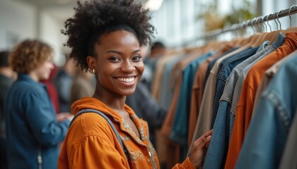 Happy young woman smiles at clothing swap event. People exchange garments for sustainable living. Circular economy, eco friendly fashion. Shop second hand clothes, save money, reduce textile waste.