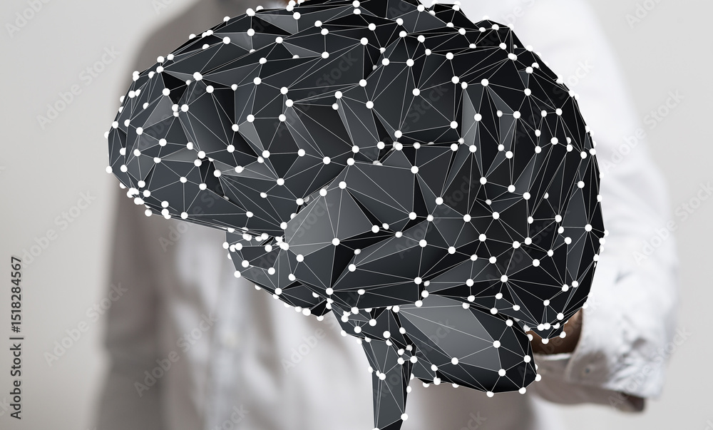 Poster Digital brain network visualization.  AI, neural network, technology concept.