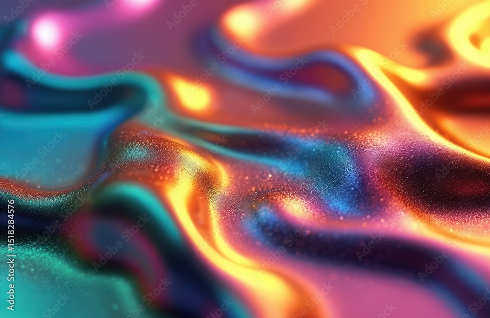 Poster 3D rendered liquid metal rainbow with multi-colored polychromatic texture. Bright metallic finish with paint splatters look. Dynamic fluid flowing motion. Abstract background with colorful iridescent