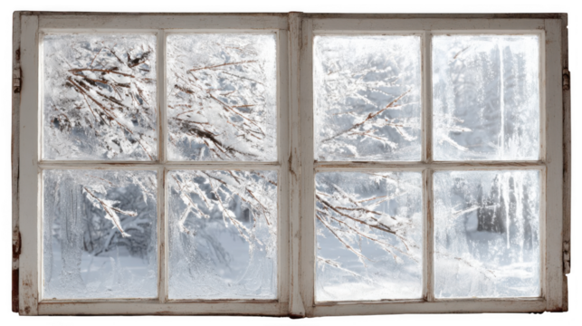 Sunlight filters through an icy window, revealing a delicate winter scene of snow covered branches and a tranquil snowy landscape, with a transparent background for easy integration into designs