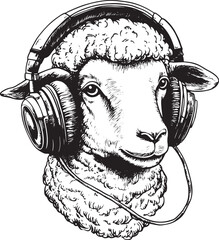 Sheep animal in headphones sketch engraving vector illustration. Scratch board style imitation. Black and white hand drawn image.