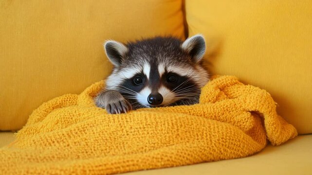 A raccoon nestled in a warm yellow blanket on a mustard yellow couch