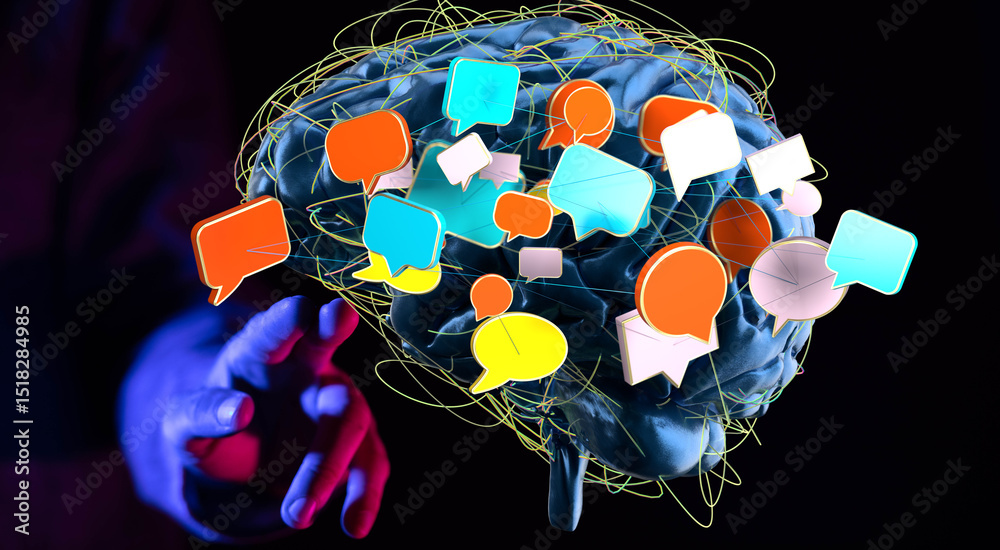 Poster Abstract image of a brain with colorful speech bubbles, representing communication, ideas, and thoughts.