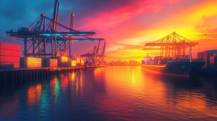 Obraz premium Dramatic sunset colors illuminate the skyline of a busy port filled with cargo containers and cranes reflecting on the calm waters of the harbor
