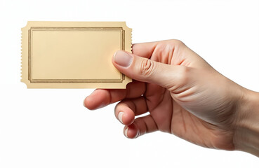 Hand holding blank ticket isolated on white background. Person holds ticket in hand. Concept of opportunity, travel, event, winning, success, coupon, invitation, business, gift, promotion.