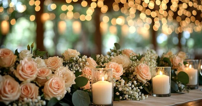 Peach roses and candles adorn a wedding reception table, creating a warm ambiance under string lights.