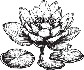 Nymphaea water lotus lily flower vintage sketch engraving vector illustration. Scratch board style imitation. Black and white hand drawn image.