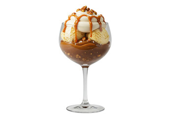 Isolated Elegant Ice Cream Sundae with Caramel Sauce and Toasted Nuts