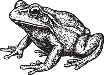 Frog toad animal sketch engraving vector illustration. Scratch board style imitation. Black and white hand drawn image.