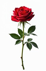 Fototapeta premium Red rose flower with green leaves and stem against white background. Elegant floral arrangement. Perfect for romantic occasions, weddings. Ideal for design and greeting cards.