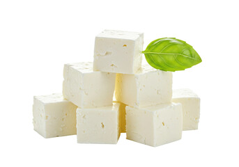 Isolated Pile of White Feta Cheese with Basil Leaf