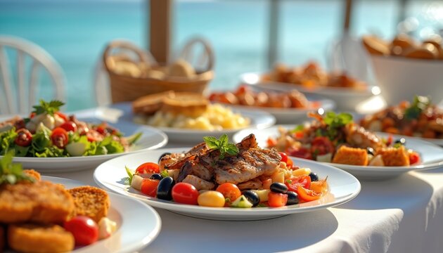 Delicious dishes served restaurant. Various plates with food, close-up view. Dishes of fish, meat, tomatoes, olive oil, vegetables. Mediterranean cuisine, lunch, dinner at seaside restaurant.