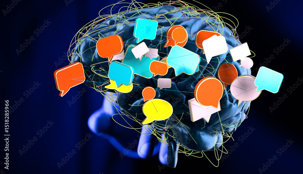 Poster Abstract image of a brain with colorful speech bubbles, symbolizing communication, ideas, and thought processes.