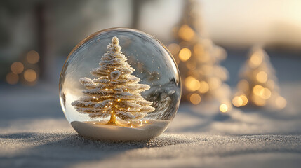 Snow globe featuring a beautifully decorated Christmas tree with warm lights, surrounded by festive decorations and gifts, creating a cozy holiday atmosphere in a charming setting