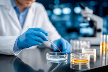 Scientist in laboratory coat using pipette to transfer liquid into petri dish, surrounded by various samples, showcasing meticulous research and experimentation in a modern lab environment