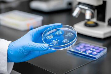 Scientist in laboratory coat using pipette to transfer liquid into petri dish, surrounded by various samples, showcasing meticulous research and experimentation in a modern lab environment