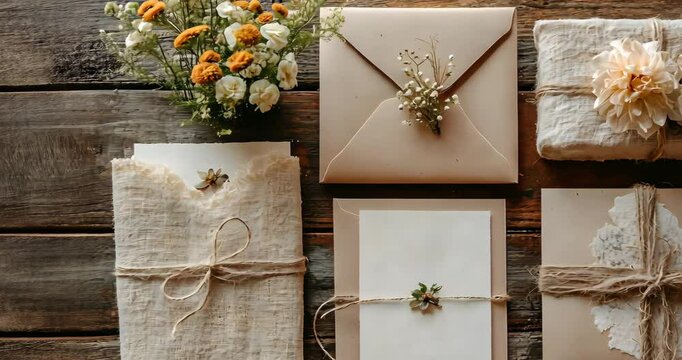 Rustic wedding stationery on a wooden table. Envelopes, cards, gifts, and flowers create a vintage ambiance.