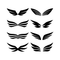 Eighteen black vector wing logos, clean silhouettes