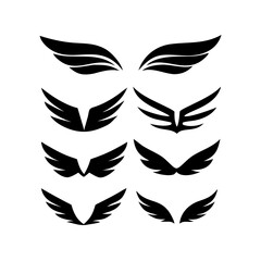 Sixteen black vector wing logos, clean cutout designs