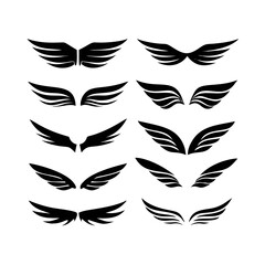 Fifteen black vector wing logos, clean cutout designs