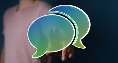 Abstract image of person interacting with colorful speech bubbles.  Represents communication,...