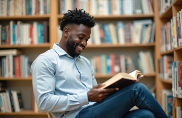 Handsome black man reads book in library. Smiling student, enjoys literature, gaining knowledge in bookstore, studying. Modern university reader, casual wear in public library. Smart person with