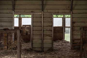Interior of a rustic stable for animals in the countryside.