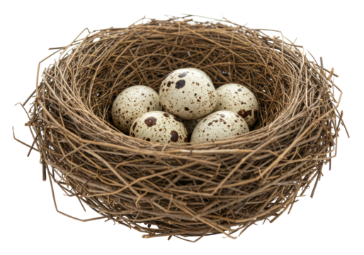 Isolated Bird Nest with Quail Eggs Inside Rustic