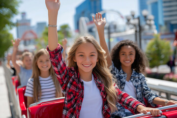 Young girl with raised fist, smiling joyfully while riding amusement park attraction with friends, colorful background featuring carnival rides and festive atmosphere