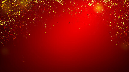 Abstract red background with golden bokeh lights and shimmering particles creating a festive atmosphere, ideal for holiday celebrations, invitations, or seasonal promotions