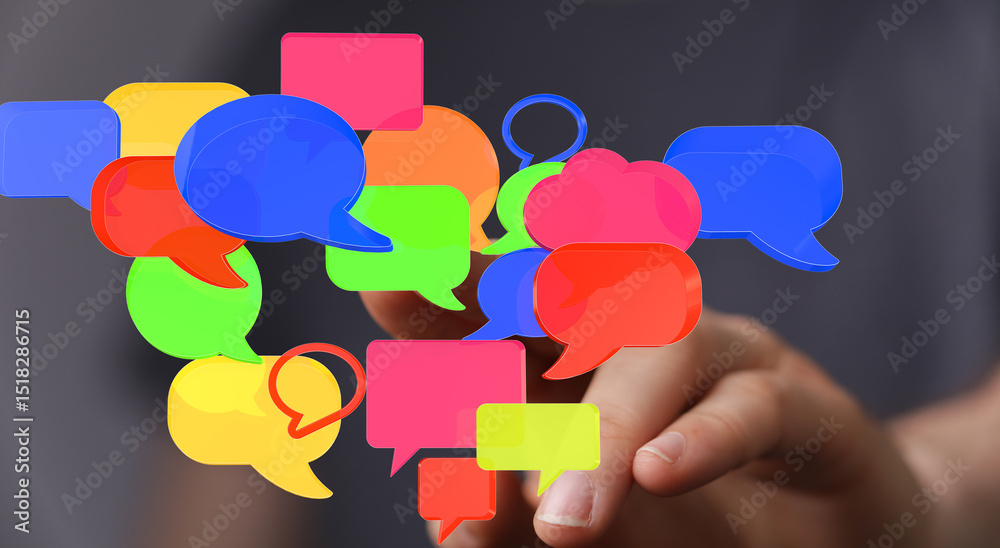 Aufkleber abstract image of colorful speech bubbles held in a hand, representing communication, conversation, 