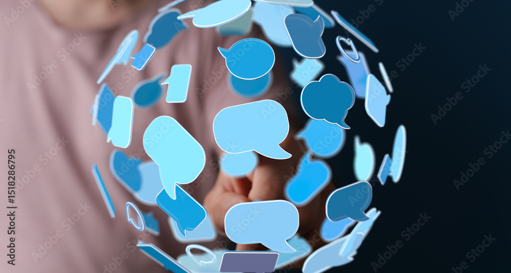 Wall mural abstract image depicting a network of global communication via online chat bubbles.