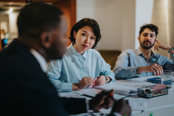 Three coworkers participate in a collaborative office meeting, engaging with focus and respect...