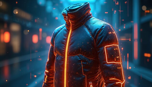 Futuristic coat design with digital interface. High-tech jacket features neon lines, smart elements. Cyberpunk fashion apparel, wearable tech concept, urban style. Artificial intelligence tech,
