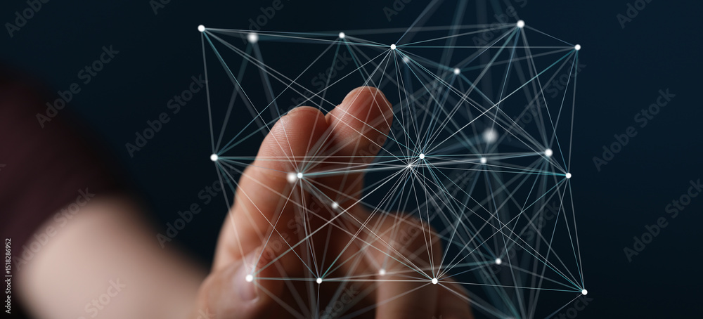 Fototapete abstract image of a hand interacting with a complex digital network, representing connection and tec
