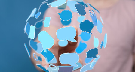 Person interacts with a digital sphere of communication icons, representing social media, online...