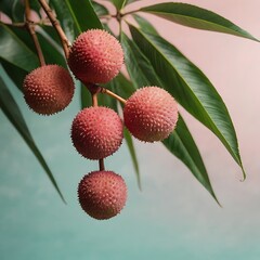 A vibrant cluster of ripe lychees with textured, spiky skins and fresh green leaves, arranged in a minimalist Japanese-inspired style on a soft pastel pink background. The composition emphasizes exoti