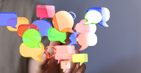 Abstract image of colorful speech bubbles representing communication, dialogue, and social media.