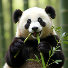 Fototapeta premium Cheerful panda eating bamboo