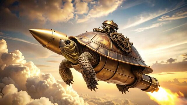 Steampunk Turtle Rocket Soaring Through Dreamy Skies - 4K Time-Lapse Animation