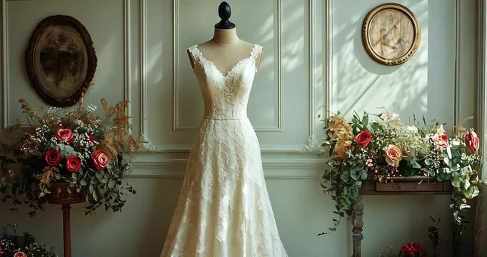 Elegant wedding dress displayed on a mannequin in a vintage-style room with flowers.